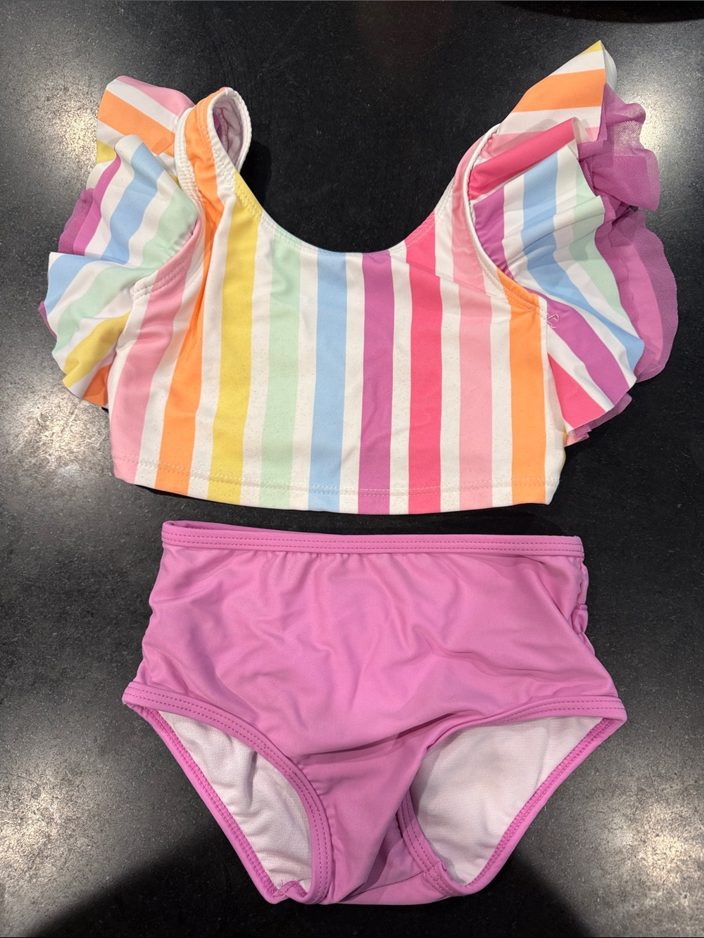 Ruffle Butts Rainbow Striped Ruffle Sleeve Top with Pink Ruffle Bottom